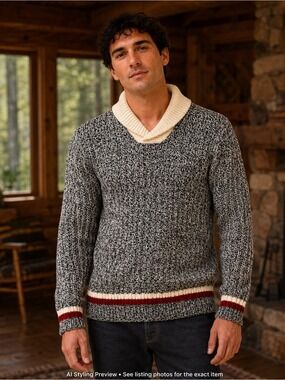 FarWest Men’s L Black Cream Marled Wool Blend Shawl Collar Sweater